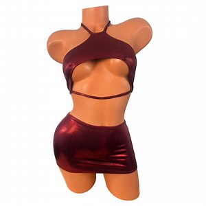 Burgundy Metallic Micro Mini Skirt Set: Halter Top, Exotic Clubwear - Etsy