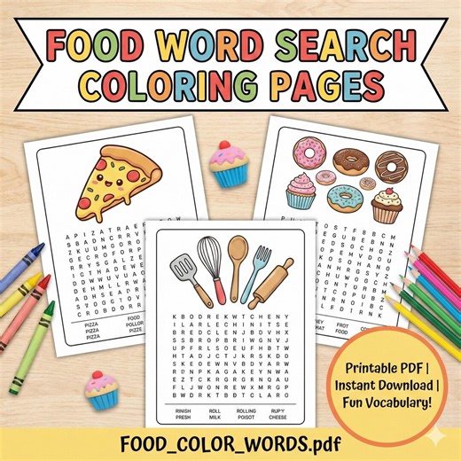 Food Word Search Coloring Book | Kids Kitchen Vocabulary (printable PDF) - Etsy