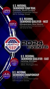 ANNOUNCING U.S. TAEKWONDO 2024 EVENTS! Early Announcement ='s Early Planning! 📞Open your phone 📲Goto to calendar 📆Save these dates ✈️Book your flights 🏢Reserve your hotel CLICK THESE LINKS FOR EVENT DETAILS - AND - BOOK YOUR HOTEL ROOM TODAY! 2024 U.S. National Taekwondo Team Trial https://www.usatkd.org/2024-u-s-national-taekwondo-team-trials 2024 U.S. Regional Taekwondo Qualifier - West https://www.usatkd.org/2024-u-s-regional-taekwondo-qualifier---west 2024 U.S. Regional Taekwondo Qualifi