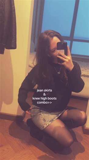 Stylish Jean Skirt and Knee High Boots Outfit Ideas
