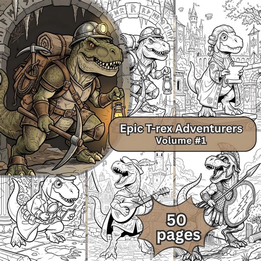 50 Epic T-rex Coloring Pages Vol 1, Fantasy RPG Dnd Dinosaur Book, Digital Download PDF, Printable Prehistoric Art for Kids & Adults - Etsy