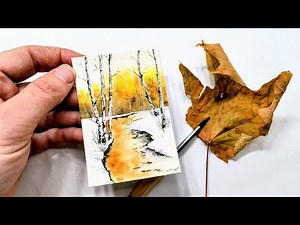 Late autumn meets Early winter watercolor river landscape » SUPER EASY BIRCH TREE painting technique