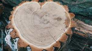 An interesting strange shape of the trunk of a tree in the shape of heart. Two felled tree trunk lie on the background of firewood, St. Valentine's Day
