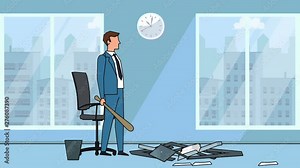 Flat cartoon businessman bad angry character destroy the workplace with laptop office animation
