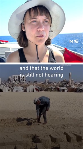 As the Global Sumud Flotilla continues sailing to break Israel's siege of Gaza, Palestinians in the besieged strip have carved messages in the sand welcoming the flotilla and thanking them for their efforts in a video that has now gone viral online. Greta was filmed reacting to the video while aboard the flotilla and sent back a message of her own to Palestinians in Gaza. | Middle East Eye