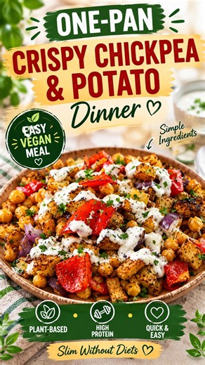 One Pan Crispy Chickpea & Potato Dinner. Easy Vegan Meal #highrawvegandiet #easyveganmeals