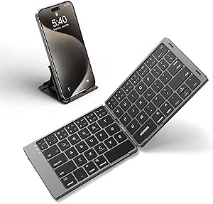 Samsers Foldable Bluetooth Keyboard - Portable Folding Keyboard for Travel, Rechargeable Wireless Keyboards with Phone Holder for iPad, iPhone, MacBook, Android, Windows Laptop Tablet PC - Gray