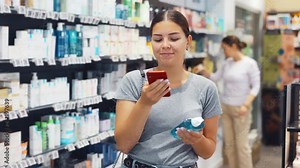 Female pharmacy visitor scan QR Code and reads composition of cleansing gel for problematic teenage skin. Mom picks up serum for adolescent daughter in cosmetics department Stock Video