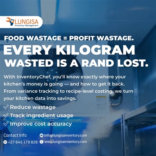 👨‍🍳 Every kilogram wasted is a rand lost. With InventoryChef, you’ll know exactly where your kitchen’s money is going — and how to get it back. From variance tracking to recipe-level costing, we turn your kitchen data into savings. 🔸 Reduce wastage 🔸 Track ingredient usage 🔸 Improve cost accuracy Because great food shouldn’t come with hidden losses. #InventoryChef #LungisaInventory #FoodWaste #KitchenEfficiency #RestaurantLife #SmartInventory | Lungisa Inventory Management