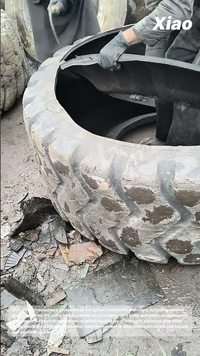 Satisfyingly Cutting a Giant Tire with a Knife: Professional Tire Cutter Demonstrates Technique