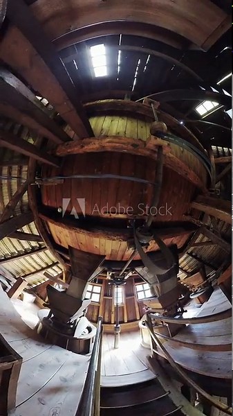 This video takes you on a 360 -degree tour inside a traditional Dutch windmill. Youll see the massive wooden gears that power the mill, the sails that turn in the wind, and the grain that is ground
