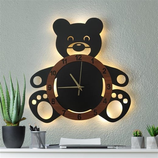 Teddy Bear Walnut LED Lighted Wall Clock 40 Cm Kids Room - Etsy