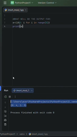 Day #19 What is the output d={i%2:i for i in range(5)} #codinginterview #python #coding