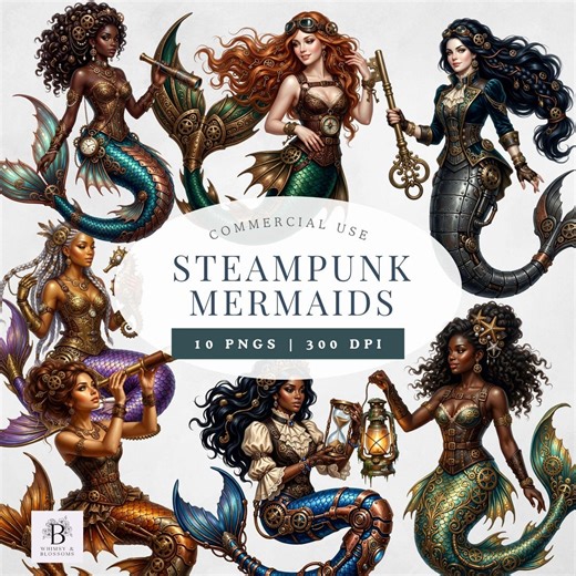 Steampunk Mermaid Clipart Bundle, Fantasy Ocean PNG, Commercial Use, Digital Download - Etsy