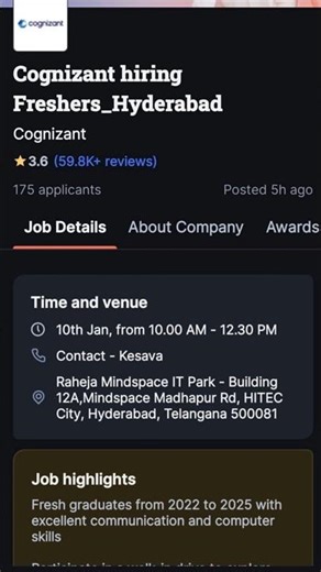🔥Cognizant Fresher Walkin Hyderabad Tomorrow! Jan 10 Madhapur Non-Voice Jobs | #ytshorts #cognizant