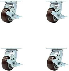 Polyurethane Swivel Top Plate Casters Set of 4 Heavy Duty with 4 Inch Wheels - Includes 4 Swivel with Top Lock Brakes and Bolt on Swivel Locks – 2,400 lbs. Total Capacity - Service Caster Brand