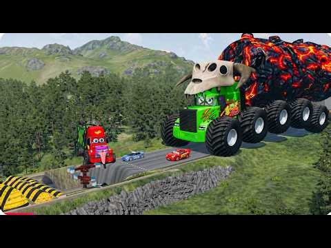 Giant LAVA TANKER Mack Truck VS Cars Lightning McQueen & Police Car Downhill Race - Beamng.Drive