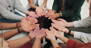 Circle, palm or hands for prayer, support or solidarity with faith, trust and hope in group or meeting. Men, closeup or women praying for mental health in team building with mindfulness or wellness