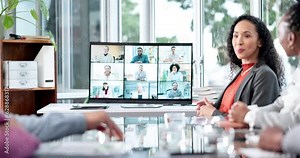 Video call, conference and office greeting online on computer screen with company group. Professional, wave and welcome on a onboarding team conversation with digital communication of workforce