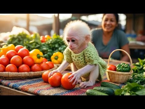 Baby monkeys learn to shop! Cute time at the vegetable market! 🍅🐒