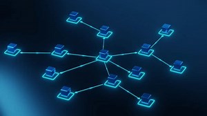 A 3D digital illustration of a glowing blue network diagram, representing business workflow, data exchange, decentralized systems, and digital communication in a futuristic style.