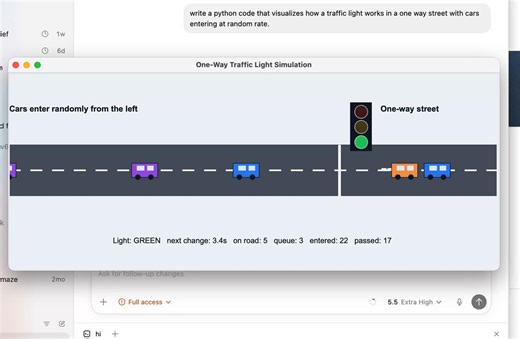 GPT-5.5 xhigh: write a python code that visualizes how a traffic light works in a one way street with cars entering at random rate.Results: SOLVED (first time for a GPT model)