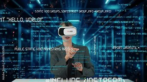 IT developer analyzing intelligent website development coder system running data by VR glasses screen innovation interface digital infographic network technology visual hologram server. Contraption.