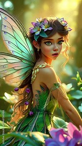 closeup video of a beautiful winged fairy sitting in the middle of a green forest