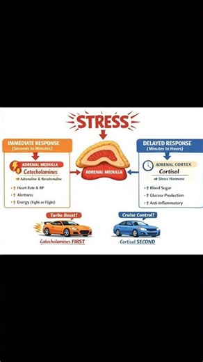 Stress first triggers catecholamines for immediate response then cortisol for long-term adaptation.