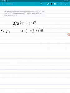 SOLVED:Suppose we know a function f(z) is analytic in the finite z plane apart from singularities at z=i and z=-i. Moreover, let f(z) be given by the Taylor series f(z)=∑j=0^∞ aj z^j where aj is known. Suppose we calculate f(z) and its derivatives at z= 3 / 4 and compute a Taylor series in the form f(z)=∑j=0^∞ bj(z-(3)/(4))^j Where would this series converge? How could we use this to compute f(z) ? Suppose we wish to compute f(2.5); how could we do this by series methods?