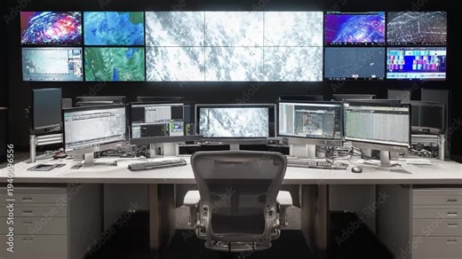 Modern control room with rows of workstations and a large video wall showing global analytics and real time data for monitoring, security, and operations management