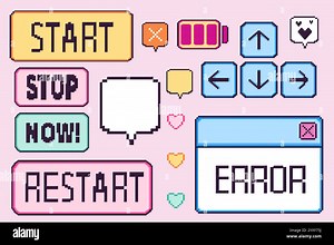 Pixel game UI elements kit. control buttons including start, stop, restart options, direction arrows, battery indicator, text message frames, colorful heart icons for retro style interface design Stock Vector Image & Art - Alamy