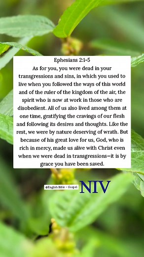 Ephesians 2:1-5 As for you, you were dead in your transgressions and sins, in which you used to live when you followed the ways of this world and of the ruler of the kingdom of the air, the spirit who is now at work in those who are disobedient. All of us also lived among them at one time, gratifying the cravings of our flesh and following its desires and thoughts. Like the rest, we were by nature deserving of wrath. But because of his great love for us, God, who is rich in mercy, made us alive 