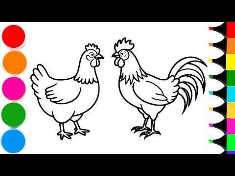 How To Draw Cartoon Rooster and Hen | Drawing and Coloring a Cute Rooster and Hen