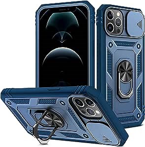 for iPhone 12 Pro Max Case with Slide Camera Cover & Kickstand, Built-in 360° Rotate Ring Stand Magnetic Cover Case for Apple iPhone 12 Pro Max 6.7 inch (Blue)