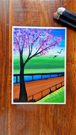 Pink Cherry Blossom Tree 😍🎨✨️ | #art #oilpasteldrawing #drawing #workingartist #shortsfeed