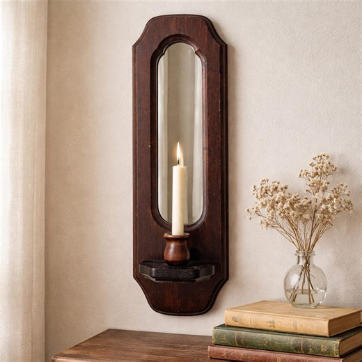 Vintage Wooden Wall Sconce With Mirror, Carved Wood Candle Holder, Cottage Wall Decor - Etsy