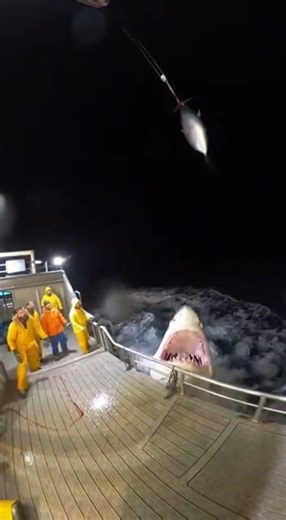 🦈😱 Great White Shark Attacks Tuna Being Lifted at Night