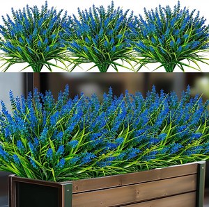Artificial Flowers for Outdoor Plants 6 Bundles Fake Lavender Plastic Faux Monkey Grass for Verandah Window Garden Office Patio Front Porch UV Resistant for Planter