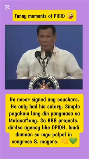 He never signed any vouchers. He only had his salary. Simple na pagakain lang din pangmasa sa Malacañang at naka commercial Plane lng. Sa BBB projects, diritso agency like DPWH, hindi dumaan sa mga polpol na congress & mayors. 👊💚 🫡 PRRD LANG TALAGA MAY TUNAY NA MALASAKIT. #DU30 #HIGHLIGHTS #DutertePaRin #fypviralシ #friendlyᥫᩣシ | Echee G EdrallagChe