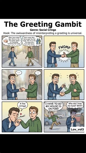 K fashion company on Instagram: "The Greeting Gambit" (Genre: Social Cringe) Hook: The awkwardness of misinterpreting a greeting is universal. Panel 1 Visual: Two acquaintances, Alex and Ben, are walking toward each other on the sidewalk. Alex (Internal): Okay, here comes Ben. We're in the "fist bump" phase of friendship. Definitely fist bump. Ben (Internal): Here comes Alex. We're past the fist bump. We are in the "bro hug with a back slap" phase. Panel 2 Visual: They meet. Alex extends a close