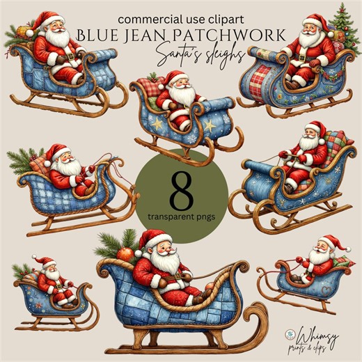 Retro Blue Jean Patchwork Christmas Clipart, Santa's Sleighs (digital Download) - Etsy