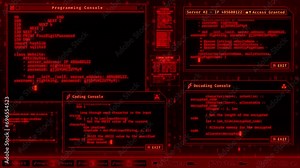 Red Hacker Desktop Console with Scrolling Programming Code - Loop Overlay Background