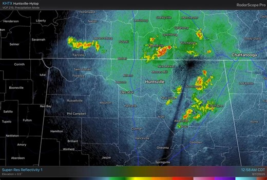 128 AM: Isolated thunderstorms and showers have developed and are moving south at 20-25 mph. Cloud to ground lightning, brief wind gusts to 30 mph, and heavy downpours are expected with these showers and thunderstorms. #HUNwx | US National Weather Service Huntsville Alabama