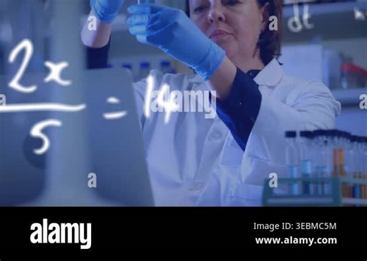 Animation of mathematical equations over caucasian woman holding test tubes and using laptop. Digital composite, multiple exposure, research, technology, laboratory and experiment concept Stock Video Footage - Alamy