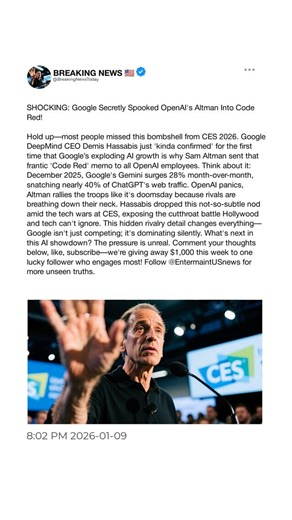 Expert Movie Facts on Instagram: "In a stunning revelation at CES 2026, Google DeepMind CEO Demis Hassabis has for the first time 'kinda confirmed' that Google's massive AI surge directly triggered OpenAI CEO Sam Altman's emergency 'Code Red' alert to his entire team. This under-reported bombshell ties straight into the exploding AI competition gripping US tech news. Here's the timeline: Late December 2025, data explodes showing Google's Gemini AI rocketing up 28% in monthly users, closing in on