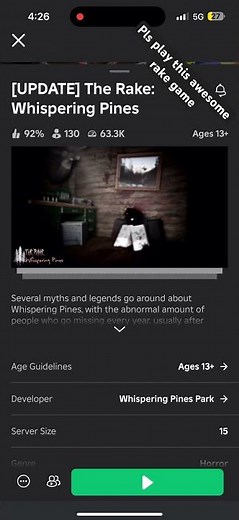 Play the rake whispering pines #roblox