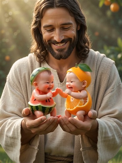 Watermelon vs Orange… Jesus settled the fruit fight 😭🍉🍊 Who's cuter? 👇 #watermelonbaby #orangebaby #jesus #cute #fruitart #viral #miniature #cutefight #comments #asmr #babyasmr #cartoonforkids #asmrvideo