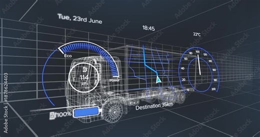 Animation of speedometer over electric truck project on navy background