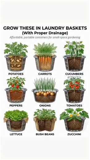 Affordable, portable containers for small-space gardening — laundry baskets give roots airflow, drainage, and room to spread without spending a dime on pots. - Potatoes — layer straw and soil as stems grow, harvest by tipping the basket over when foliage dies back. - Carrots — use a deep basket lined with landscape fabric and fill with loose, stone-free mix so roots grow straight. - Cucumbers — add a small trellis or tomato cage inside the basket and let vines climb to save floor space. - Pepper